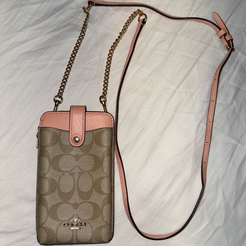 Coach tan and pink leather phone crossbody bag